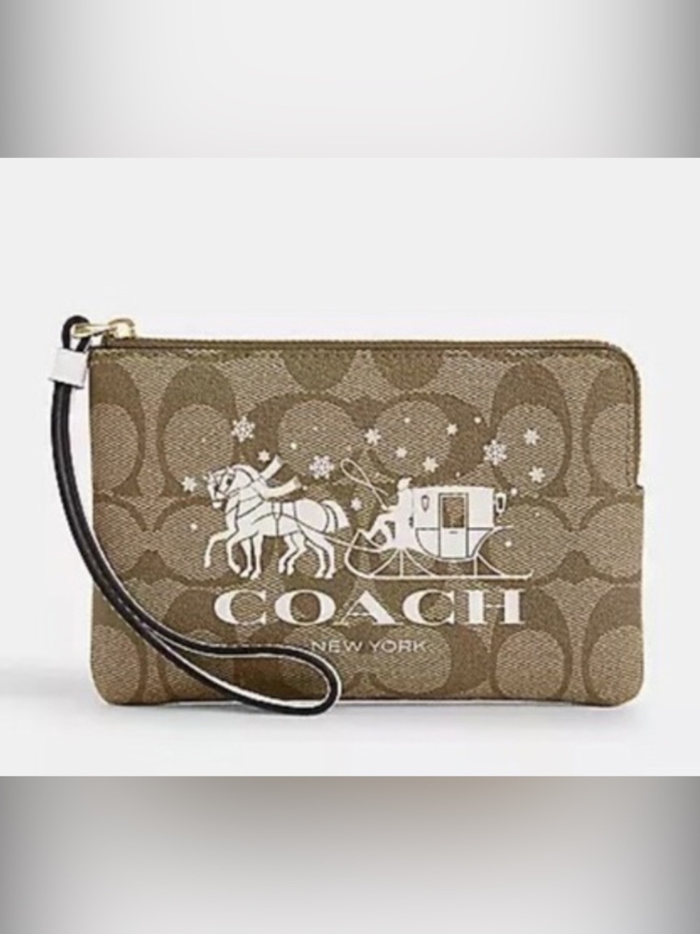 Coach Wristlet w/Festive Snowflake Horse & Sleigh Graphic over Signature Canvas